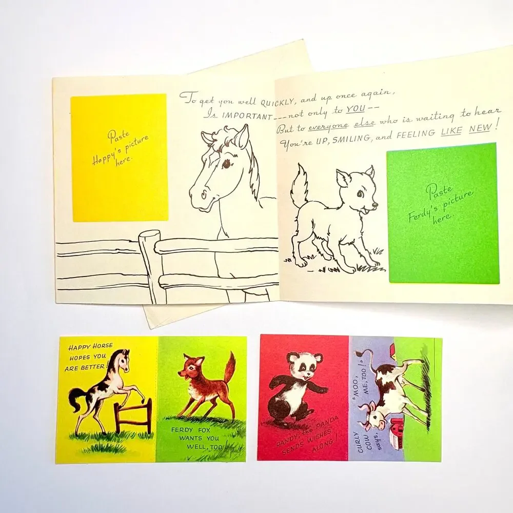 Vtg 1950s Accordion Fold Get Well Wishes Cat Stickers Greeting Card Unused Rare